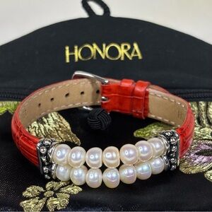 Honora Sterling Silver Red Leather Freshwater Pearl Bracelet